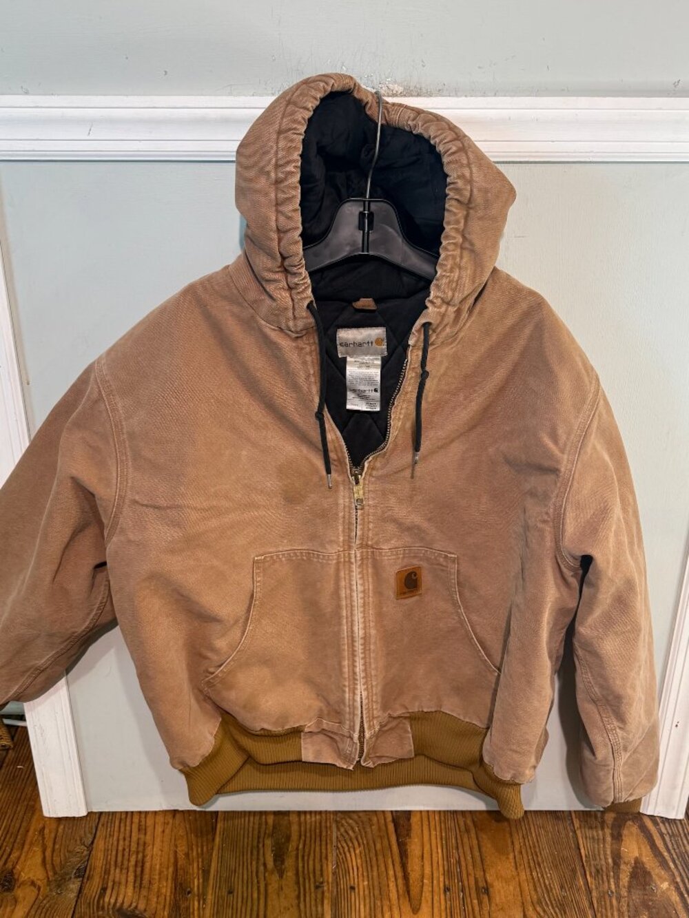 VTG Carhartt Hooded Canvas Jacket Insulated Duck Quilt Lined Mens 2XL Tan 376-51